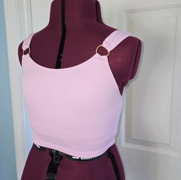 Aerie Small Light Pink Long Line Sports Bralette with Gold Detail - Picture 2 of 11